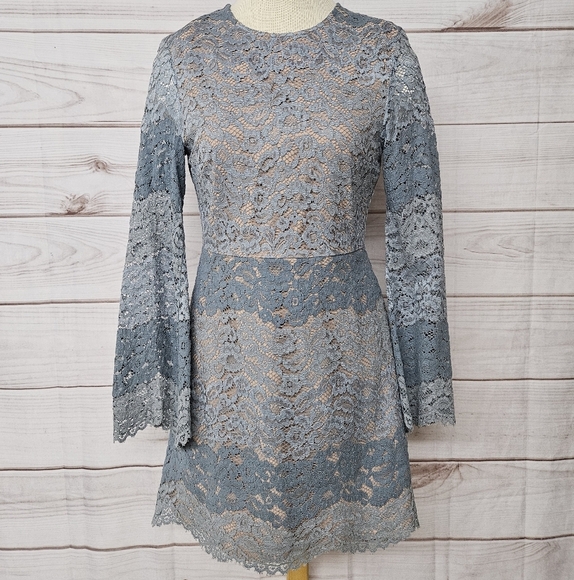 WAYF Dream Lover Long Sleeve Lace Mini Dress In Blue Size Medium - Picture 5 of 12